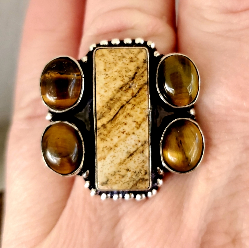 New Picture Jasper & Tigers Eye 925 Silver Ring.